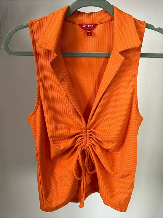 Guess Tops - Y2K Western GUESS Orange Sleeveless Ruched V-Neck Collared Top Coastal Cowgirl